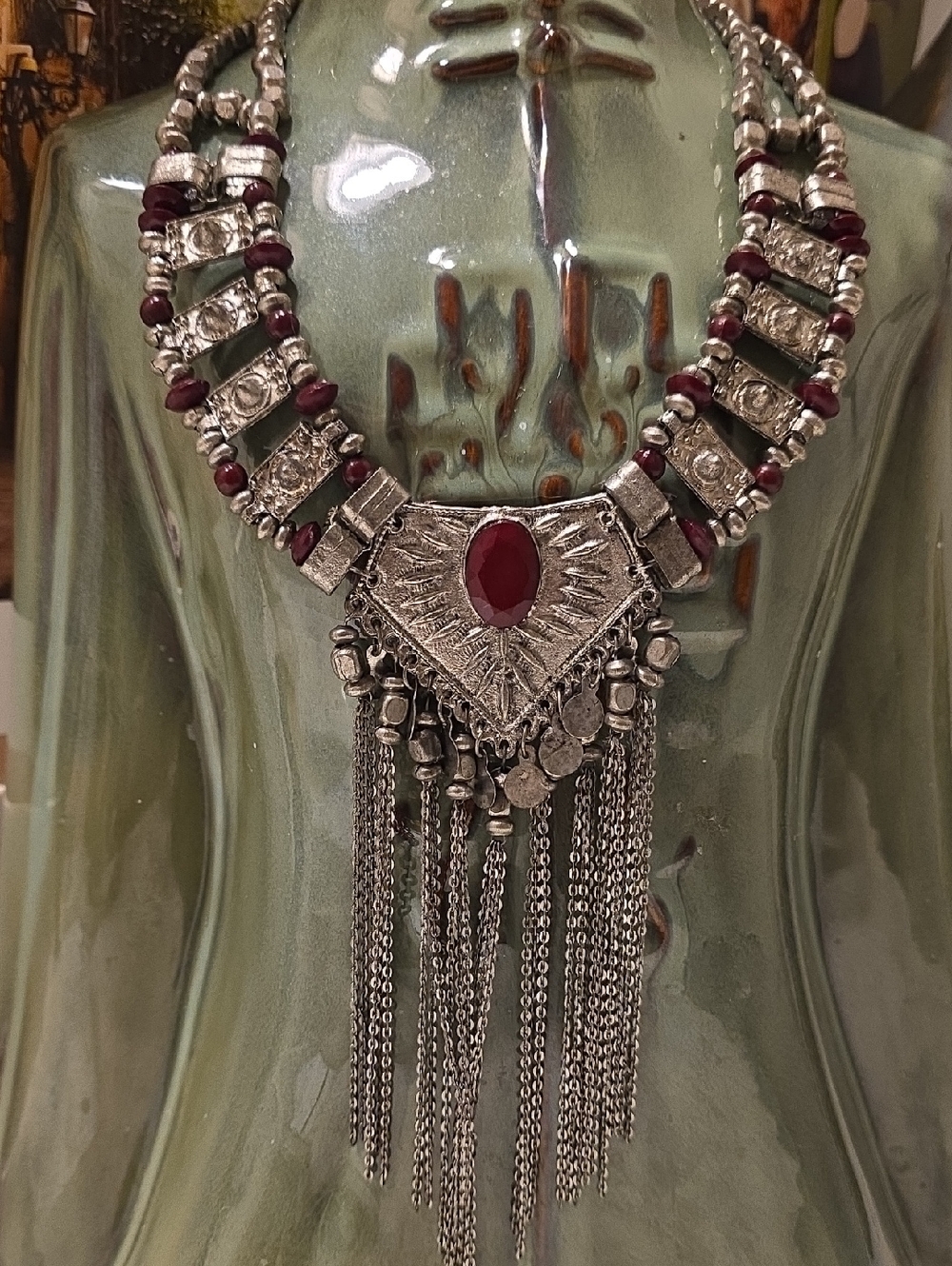 Bohemian Silver-Tone Necklace with Red Stone Fringe